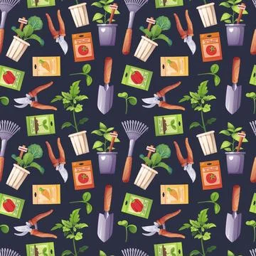 Gardening Seamless Pattern with Tools and Seedlings. Vegetable Sprouts in Pot 스톡 일러스트