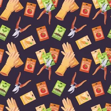 Gardening Seamless Pattern with Tools and Supplies. Pruning Shears, Seed Pa.. Stock Illustration