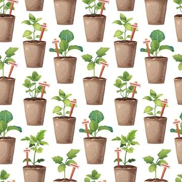 Gardening Seamless Pattern with Vegetable Seedlings in Peat Pots and Wooden M Ilustración de archivo