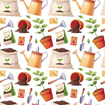 Gardening Seamless Pattern with Watering Cans, Soil Bags, Tools and Seed Pack Stock Illustration