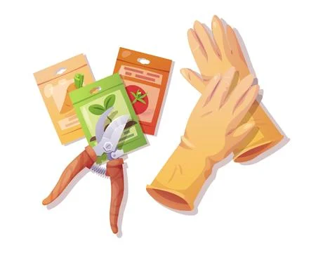 Gardening Set with Seed Packets, Pruning Shears and Yellow Gloves. Flat Vecto Stock Illustration