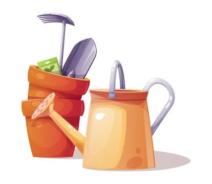 Gardening Set with Stacked Pots, Tools and Watering Can. Flat Vector Illustra Illustrazione stock
