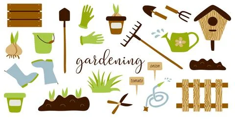 Gardening Set Tools. Vector Flat Collection of Spring Garden Equipment and Pl Stock Illustration