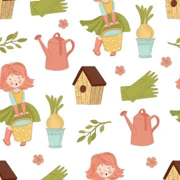GARDENING Spring Work Vector Illustration Seamless Pattern Stock Illustration