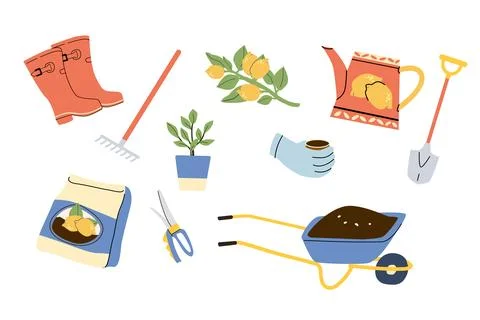 Gardening Tools and Elements Set in Mediterranean Garden Style Stock Illustration