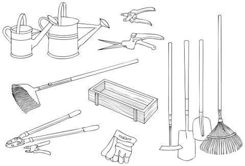 The Gardening Tools and Equipments Vector Outline Stock Illustration