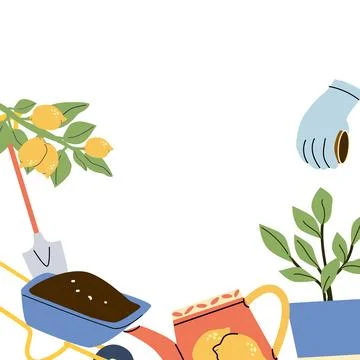 Gardening Tools and Lemon Tree Elements in Mediterranean Garden Style Stock Illustration