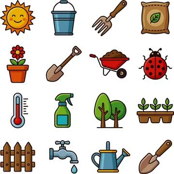 Gardening Tools and Nature Elements Icon Set. Stock Illustration