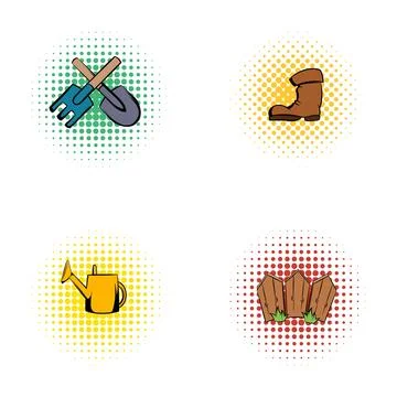 Gardening tools boot watering can fence pop art Stock Illustration