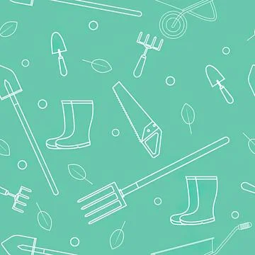 Gardening tools boots and rake on green background Stock Illustration