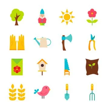 Gardening Tools Flat Objects Set isolated over White Stock Illustration
