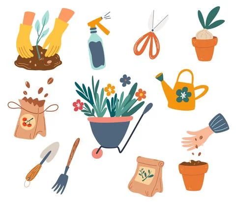 Gardening tools. Garden elements collection. Trolley, shovels, sprouts, seeds Stock Illustration