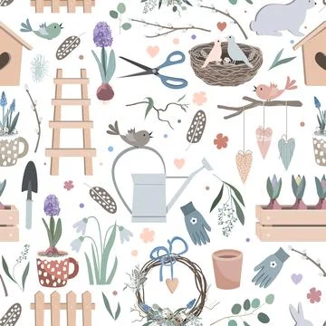 Gardening tools pattern, seamless Spring vector background. Cute hand drawn Stock Illustration