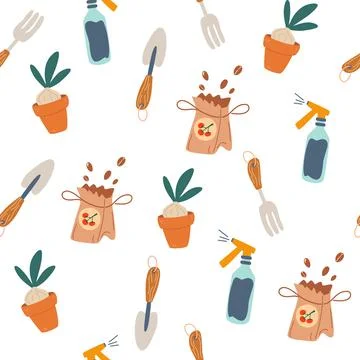 Gardening tools seamless pattern. Happy gardening fabric design. Repeat backg Stock Illustration