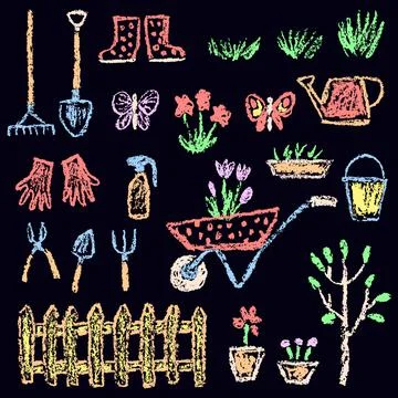 Gardening tools set on black board. Garden or farm instruments. Stock Illustration