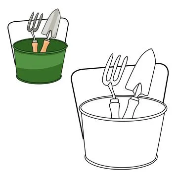Gardening tools such as a garden fork and a mini trowel inside a green iron buck Stock Illustration