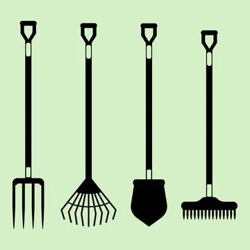 Gardening tools vector set silhouette, garden shovel, fork and rake in a black Stock-Illustration