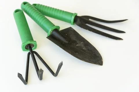 Gardening tools on white background. Spring garden works concept. World env.. Stock Photos