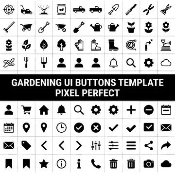 Gardening UI Buttons Template Pixel Perfect Collection of Black Icons for W.. Stock Illustration