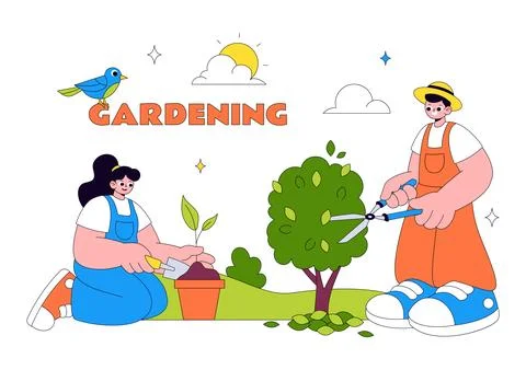 Gardening Vector Illustration Featuring People Planting Trees, Growing Vege.. Stock Illustration