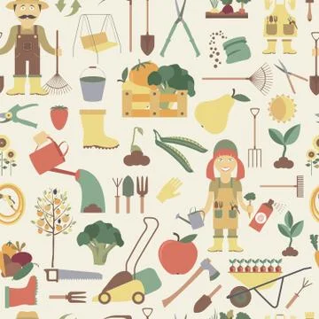 Gardening work, farming seamless pattern. Flat style design Stock Illustration