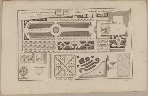 Gardens map of Marshal Duc de Biron / in Paris / Garden of Tulips. Copyrig... Stock Photos