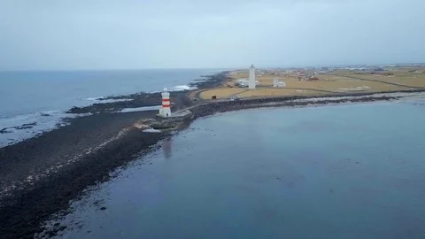 Gardur Lighthouse Iceland Aerial View Stock Footage
