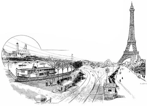 Gare du Champ de Mars or Champ de Mars  Tour Eiffel, vintage engraving. Stock Illustration
