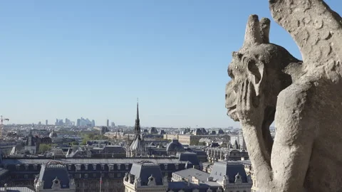 Gargoyle chimera statue on top of Notre Dame de Paris Stock Footage 263991729