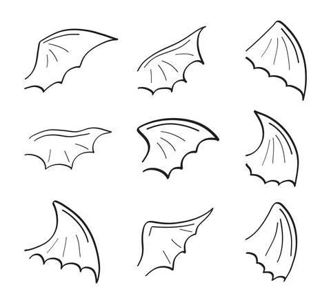 Gargoyle, demon, devil doodle wing set vector. Hand drawn pencil style wing.  Stock Illustration