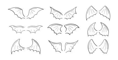 Gargoyle, demon, devil doodle wing set vector. Hand drawn pencil style wing.  Stock Illustration