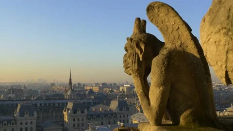 Gargoyle Statue Atop The Notre Dame Cathedral In Paris, France Stock Footage 158681093