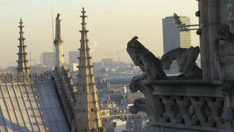 Gargoyle Statue Atop The Notre Dame Cathedral In Paris, France Stock Footage 158681178