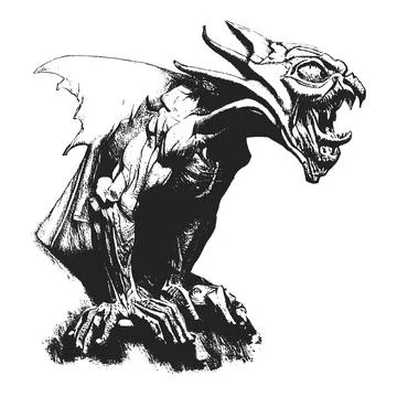 Gargoyle statue sketch engraving vector illustration. Black and white hand dr Stock Illustration