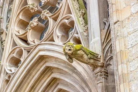Gargoyles, which function as downspouts, protrude from the wall of Carcassonne Stock Photos