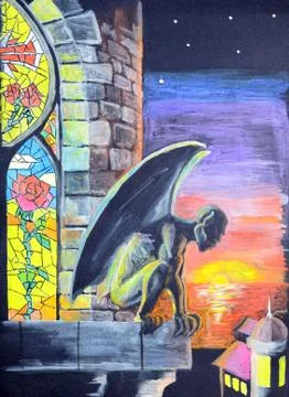 Gargoyley on a tower window sill Stock Illustration