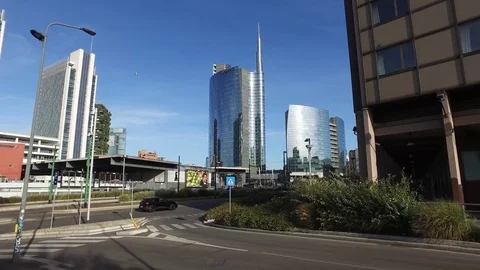 Garibaldi area Station, Vertical Forest and Unicredit Tower. Milan. Italy Stock Footage 81242527