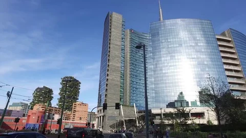 Garibaldi area Station, Vertical Forest and Unicredit Tower. Milan. Italy Stock Footage 81242588