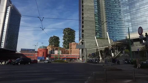 Garibaldi area Station, Vertical Forest and Unicredit Tower. Milan. Italy Stock Footage 81242639