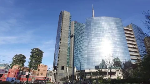 Garibaldi area Station, Vertical Forest and Unicredit Tower. Milan. Italy Stock Footage 81242640
