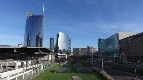 Garibaldi area Station, Vertical Forest and Unicredit Tower. Milan. Italy Stock Footage 81242729