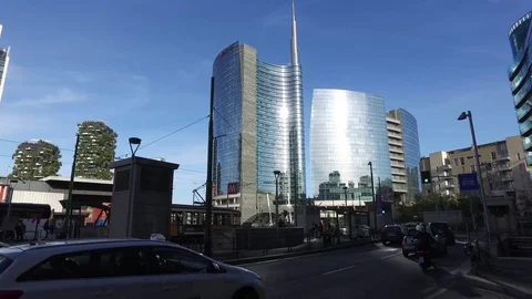 Garibaldi area Station, Vertical Forest and Unicredit Tower. Milan. Italy Stock Footage 81242739