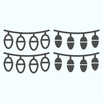 Garland bulbs line and solid icon. Fir-tree and house decoration with small Stock Illustration