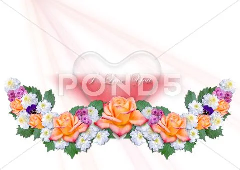 Garland Of Flowers With Hearts On A White Background