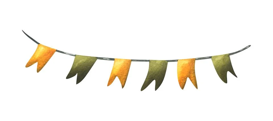 Garland with triangular flags in orange and green. Hand drawn watercolor Stock Illustration
