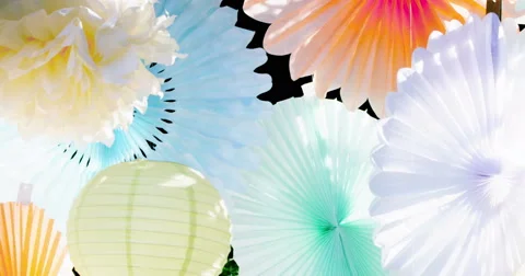 Garlands in different colors waving in wind 4K Video stock 44750516