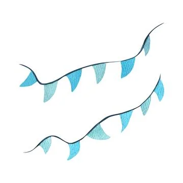 Garlands with flags blue, turquoise, triangular. Watercolor illustration hand 스톡 일러스트