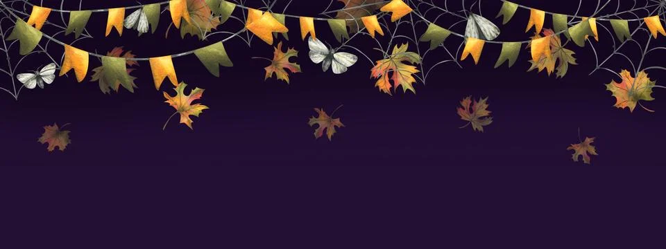 Garlands with flags in green and orange with falling autumn leaves. Watercolor Stock Illustration