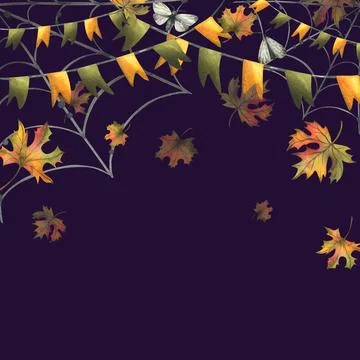 Garlands with flags in green and orange with falling autumn leaves, cobwebs Stock Illustration