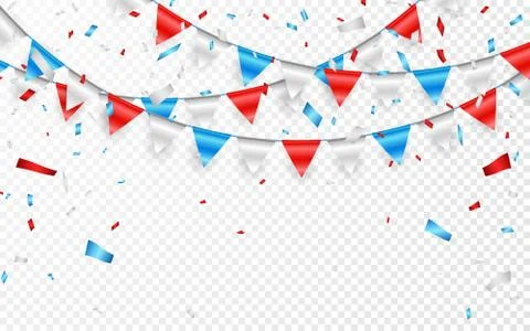 Garlands of red white blue flags. Blue, white and red foil confetti. Vector i Stock Illustration
